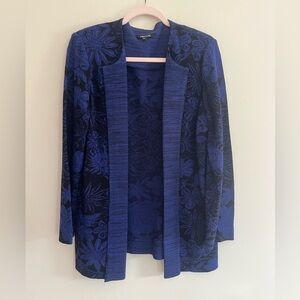 Misook Blue and Black Floral Open Front Knit Cardigan Size Large